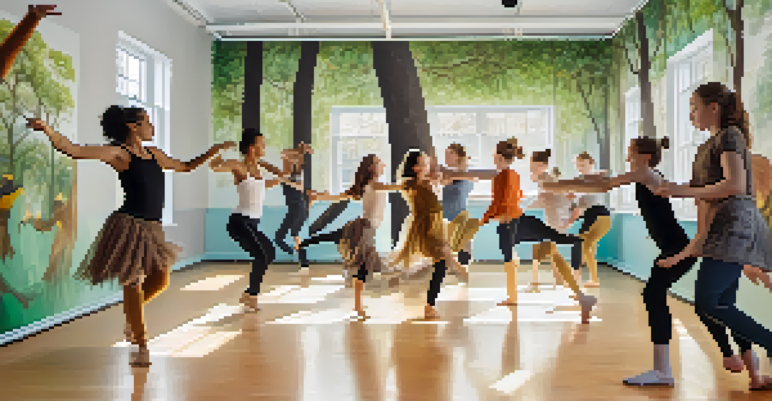 A diverse group of people participating in a dance workshop in a bright studio, expressing the theme of deforestation through movement.