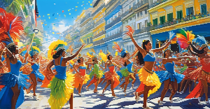 A lively dance festival parade in Rio de Janeiro with dancers in colorful samba costumes and confetti in the air.