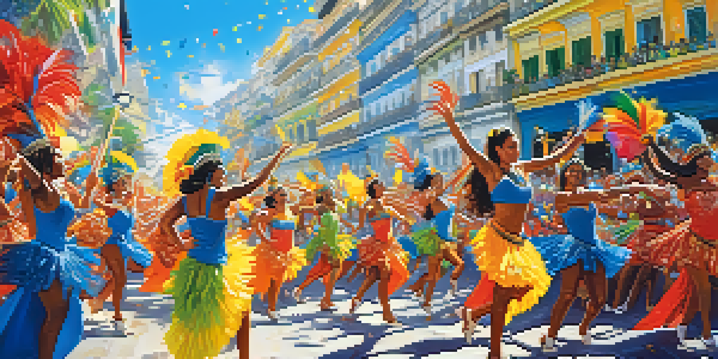 A lively dance festival parade in Rio de Janeiro with dancers in colorful samba costumes and confetti in the air.