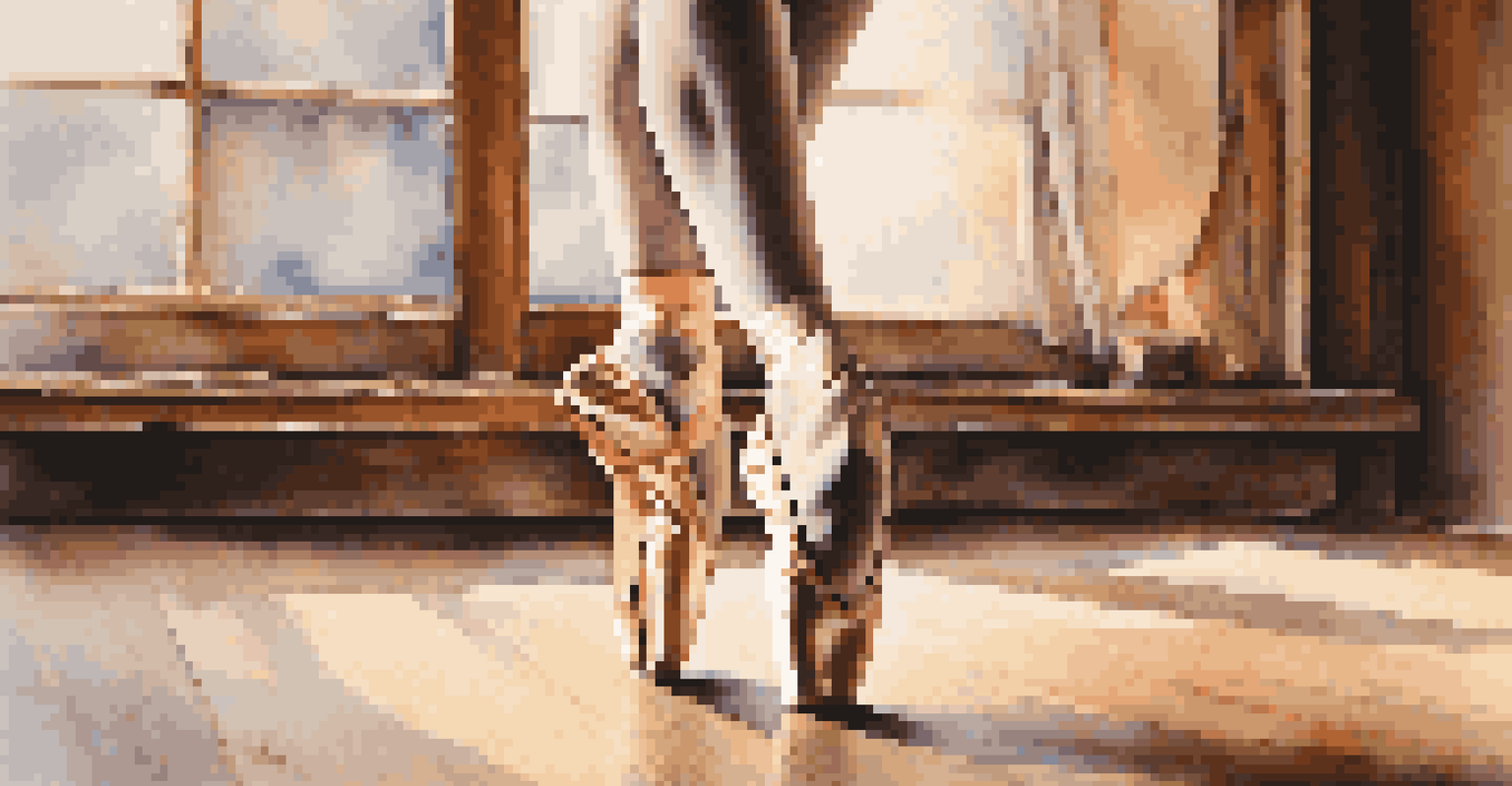 A close-up of a dancer's feet in vibrant ballet shoes on a wooden stage, illuminated by natural light, emphasizing graceful movements.