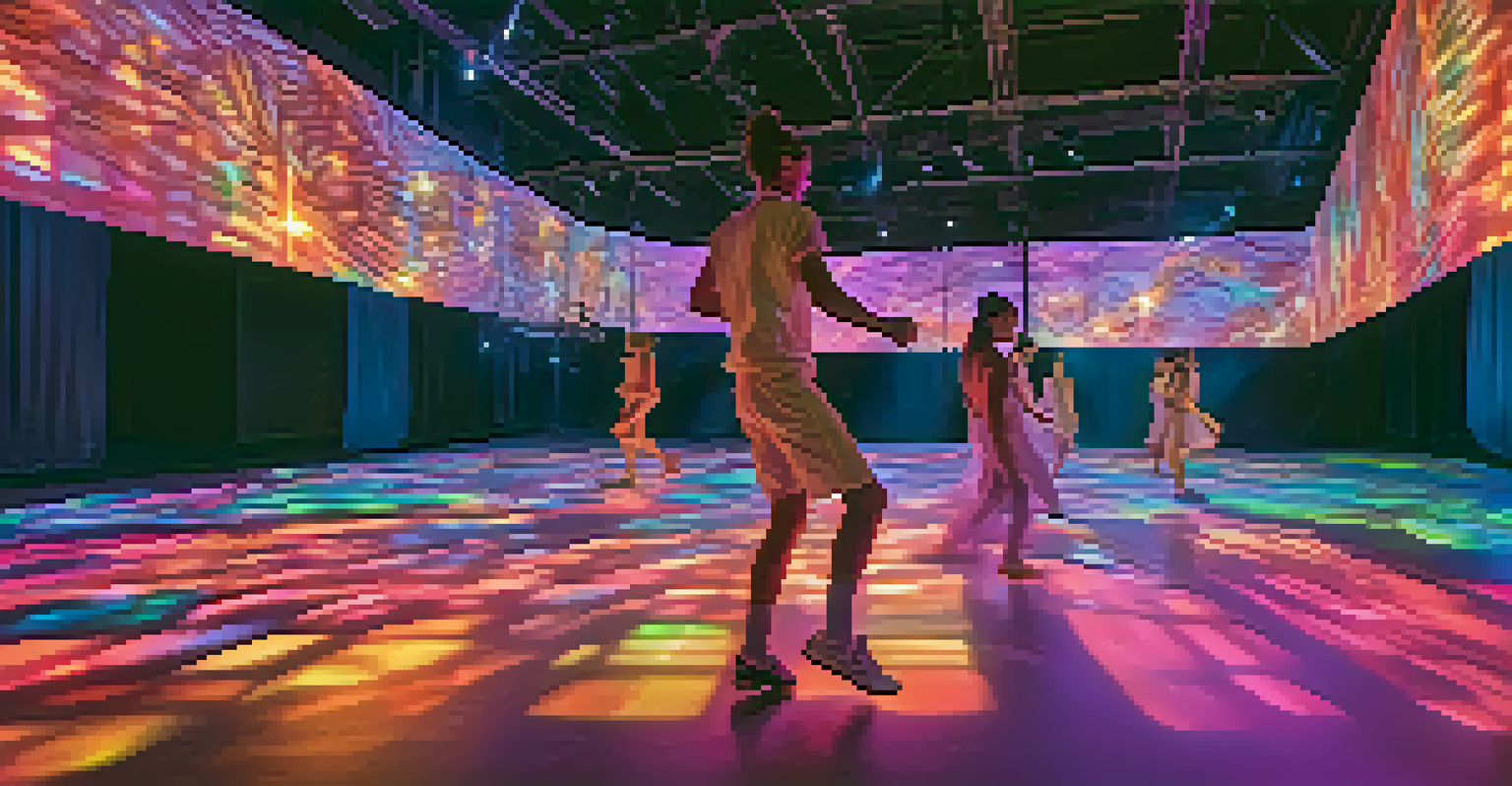 An immersive performance with dancers interacting with digital installations, surrounded by shifting colors and ethereal lighting.
