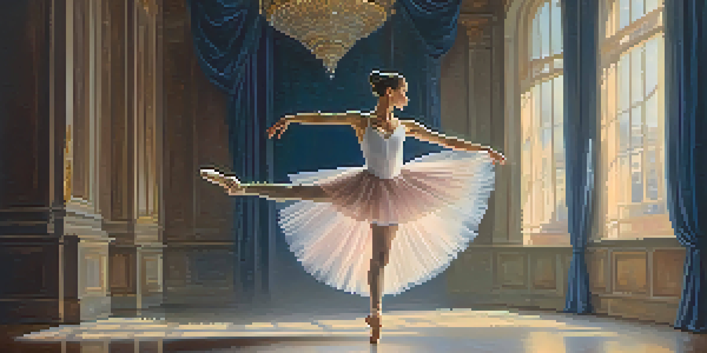 A ballet dancer in a beautiful pose on stage, illuminated by golden lights against a soft blue and pink background.