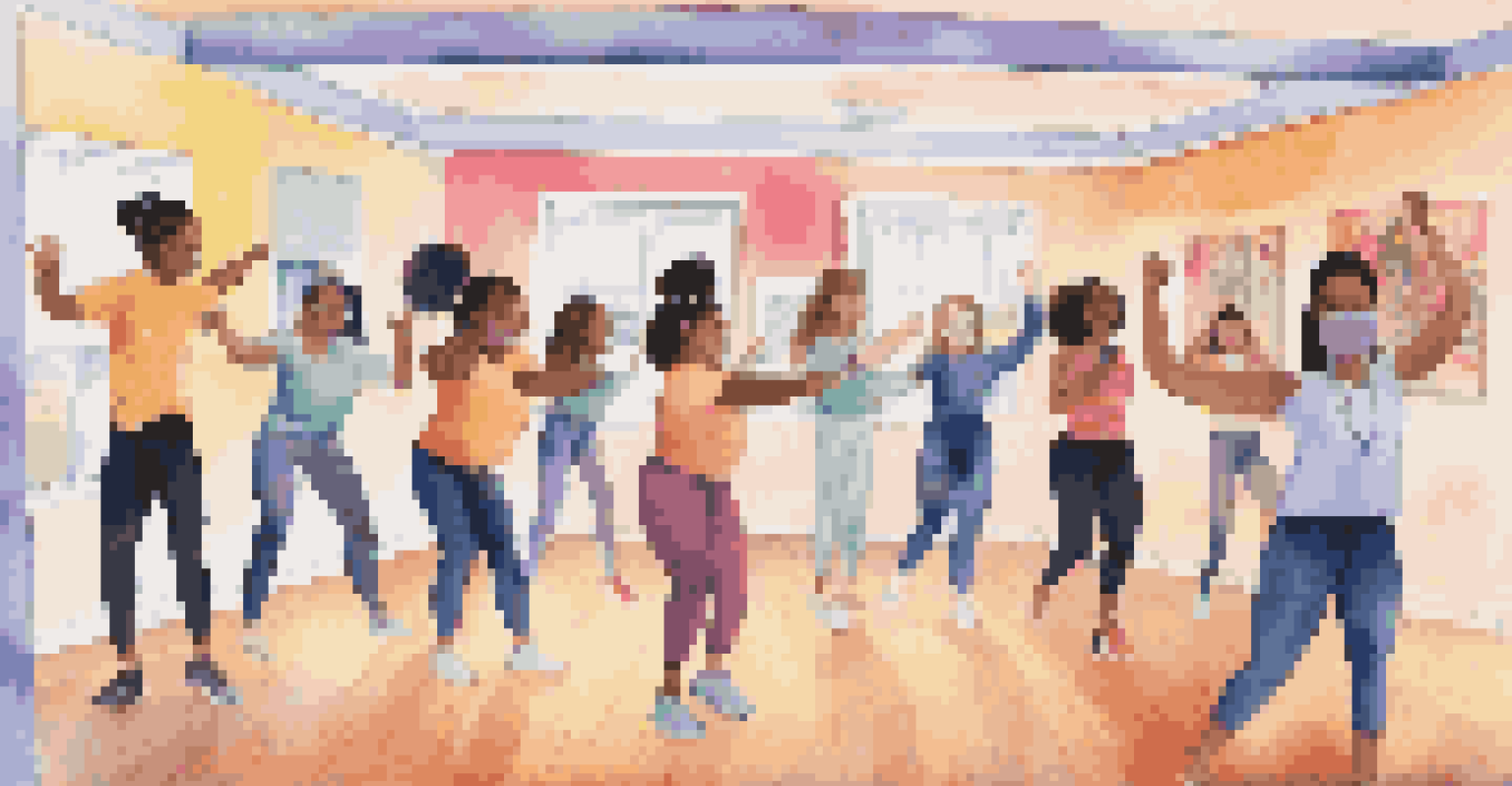 A virtual dance class featuring diverse young participants on their screens, all dancing together in a colorful home environment.