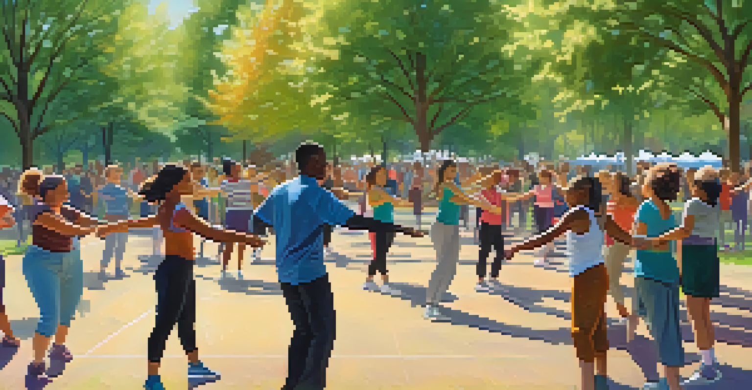 An outdoor dance workshop in a park with diverse participants expressing themselves through movement, surrounded by trees and colorful banners.