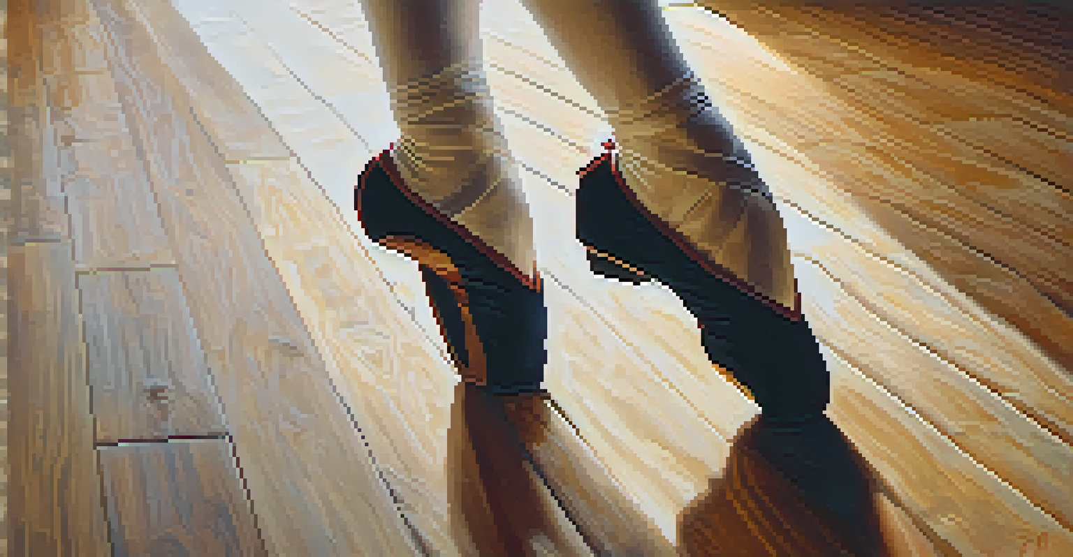 Close-up of a dancer's feet in traditional shoes performing ballet on a wooden stage, highlighting the texture of the floor and the elegance of the pose.