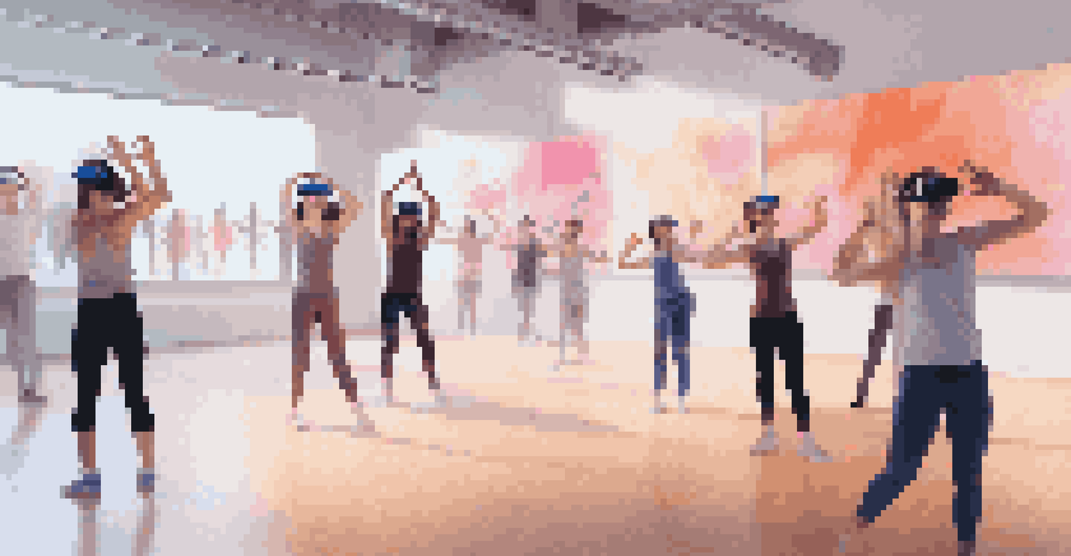 Students wearing VR headsets in a digital dance studio, practicing with holographic instructors in a bright environment.