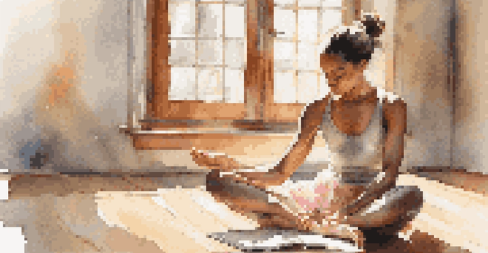 A calm dancer writing in a journal in a sunlit dance studio.