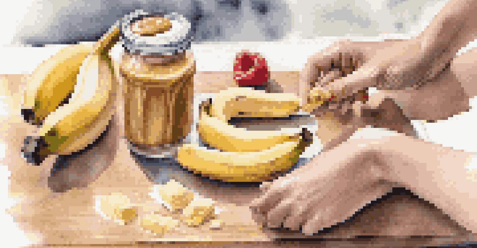 A dancer's hands preparing a banana with peanut butter on a cutting board in a kitchen.