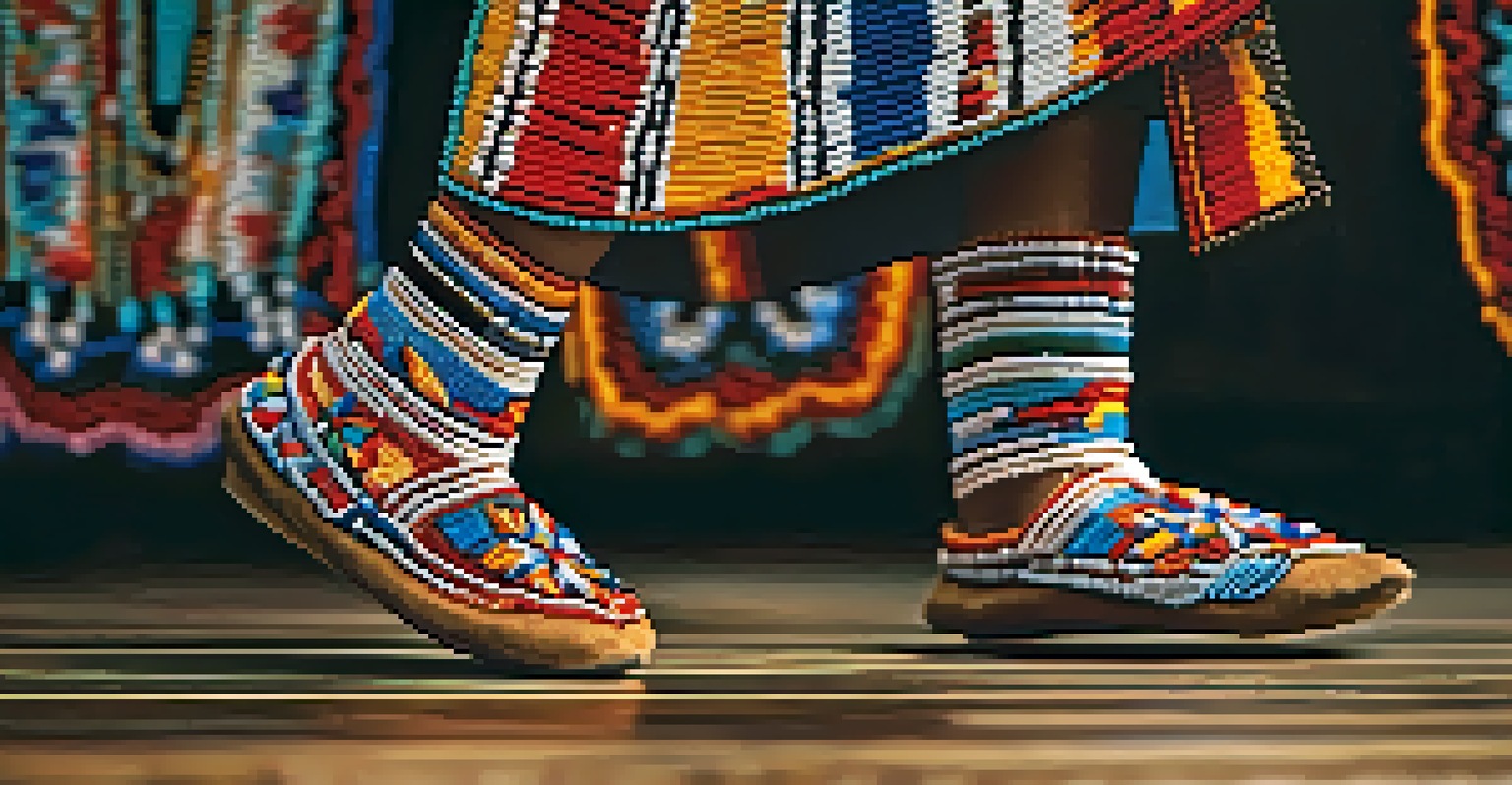 Close-up of an Indigenous dancer's feet in beaded moccasins, dancing on a wooden floor with blurred other dancers in the background.
