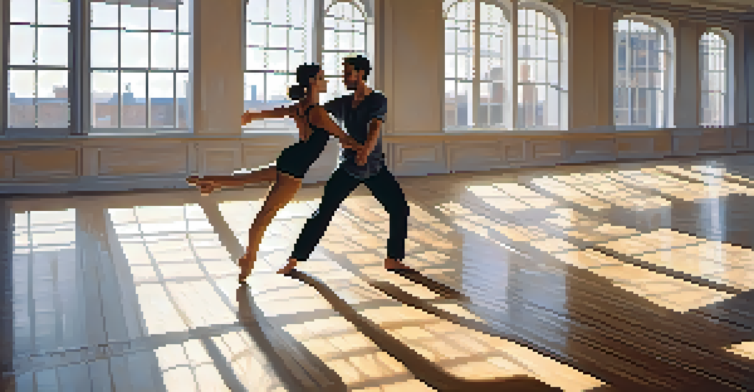 A dance rehearsal in a bright studio with two dancers practicing a duet, surrounded by natural light and wooden floors.