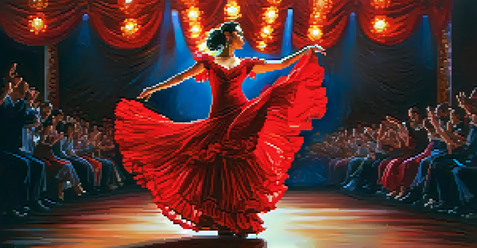 A flamenco dancer in a flowing red dress performing on stage with expressive movements and colorful stage lights.