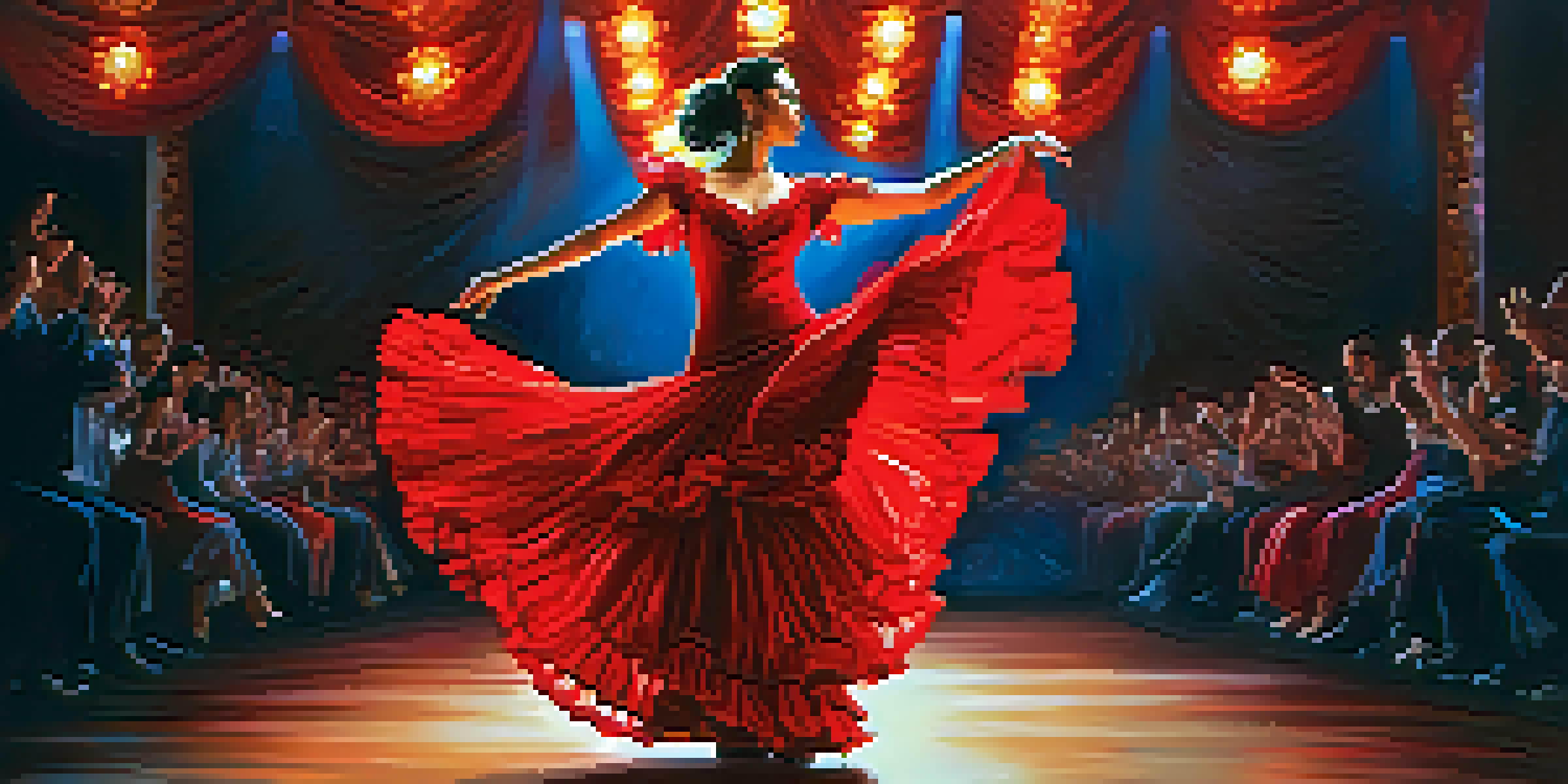 A flamenco dancer in a flowing red dress performing on stage with expressive movements and colorful stage lights.