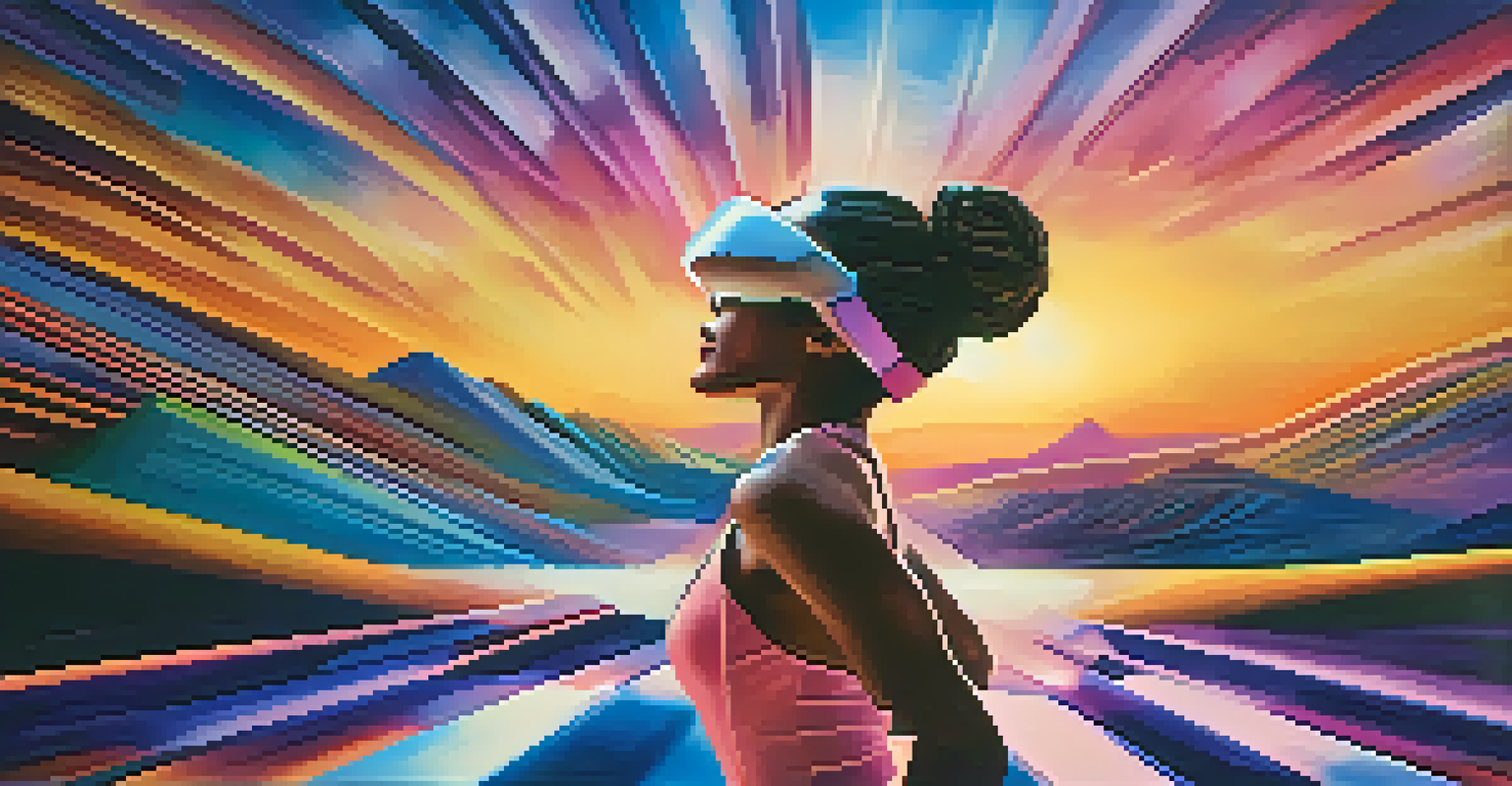 A close-up of a dancer's face expressing emotions while performing in a vibrant virtual reality landscape.