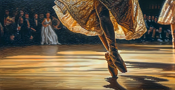 A close-up of a dancer's feet captured in mid-leap, highlighting their shoes and costume fabric against a softly blurred background.
