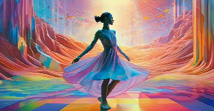 A dancer in a colorful, flowing costume performing in a surreal virtual reality landscape filled with floating shapes and vibrant colors.