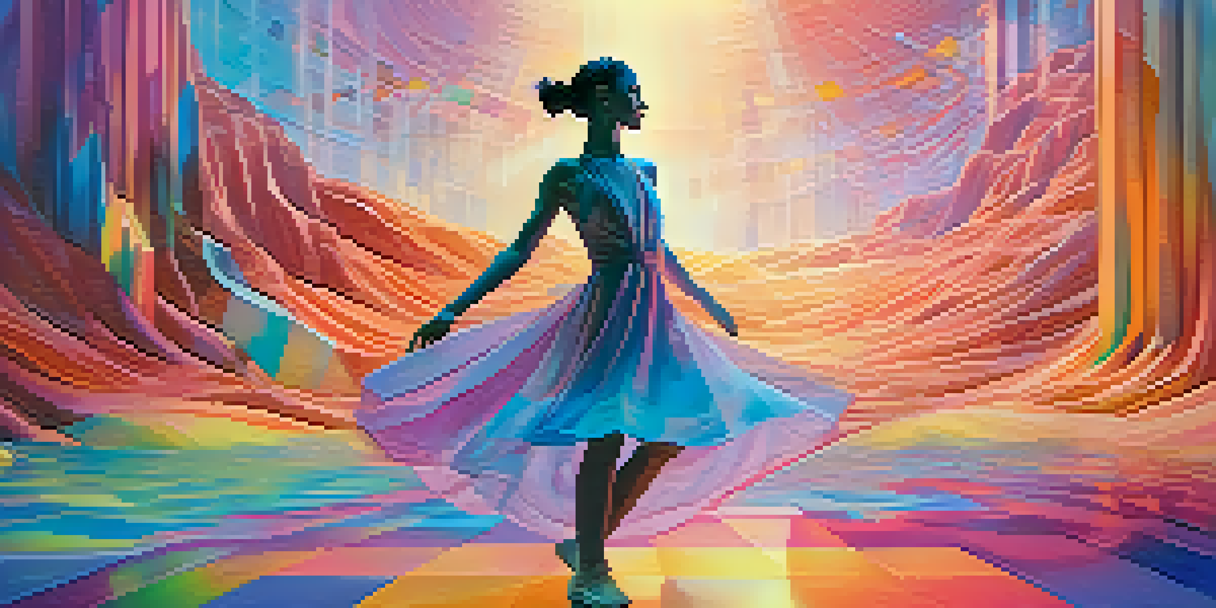 A dancer in a colorful, flowing costume performing in a surreal virtual reality landscape filled with floating shapes and vibrant colors.