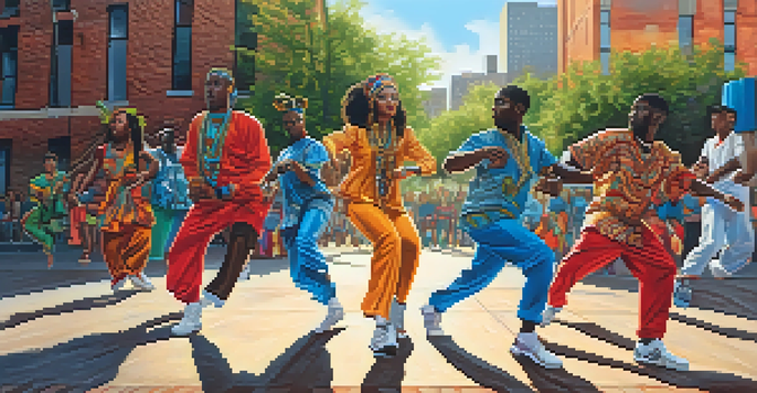 A diverse group of dancers performing a fusion of traditional African and contemporary hip-hop dance in an urban environment with colorful graffiti art.