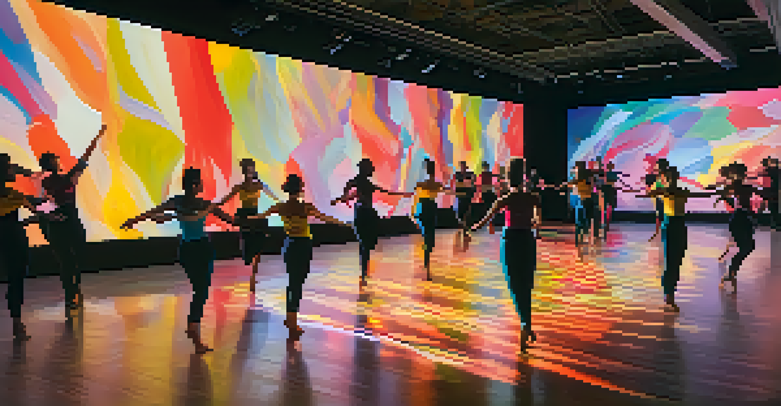 An artistic installation featuring dancers interacting with colorful projected images, creating a fusion of dance and visual arts.