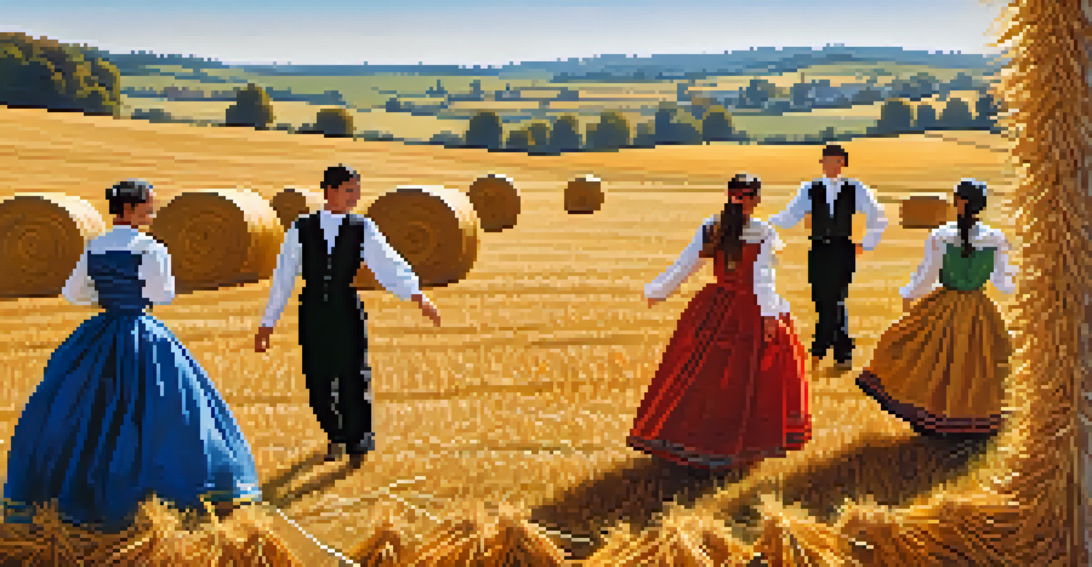 A rural landscape with dancers in traditional attire celebrating harvest during a seasonal festival, surrounded by golden fields and autumn decorations.