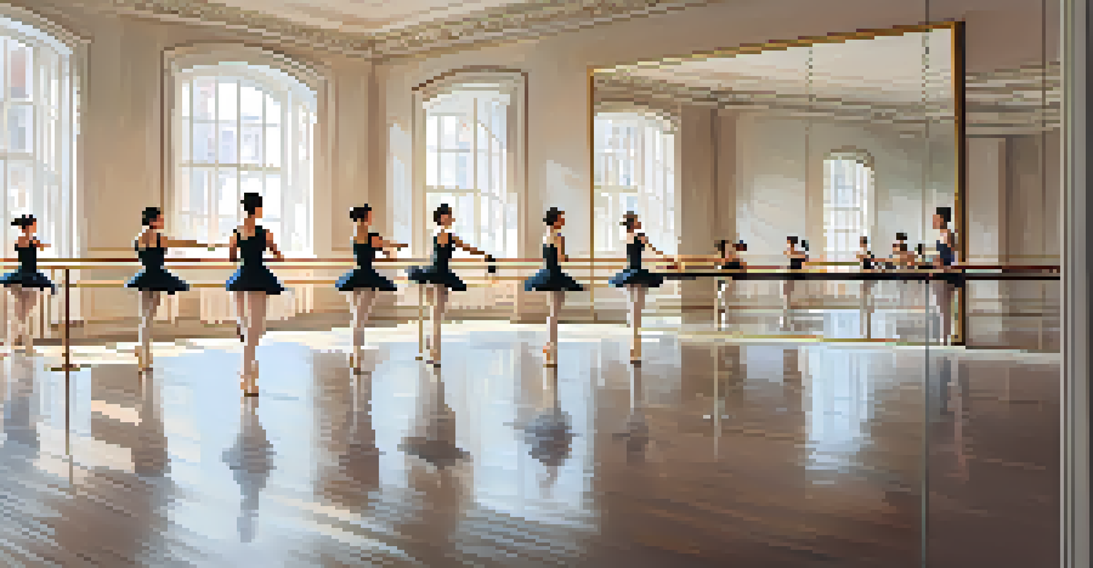 A young ballerina performs a pirouette in a bright dance studio, with her reflection visible in large mirrors.
