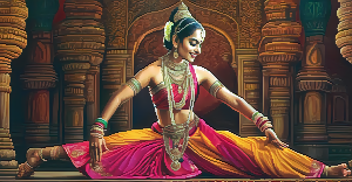 A Bharatanatyam dancer in a colorful costume performing on a temple stage, showcasing expressive movements and intricate footwork.