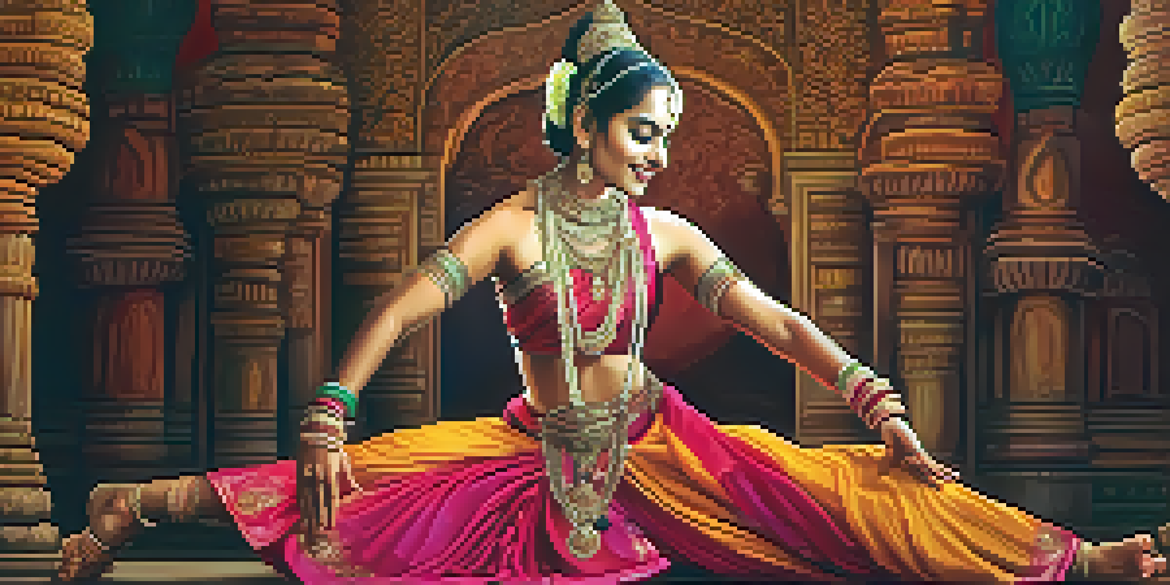 A Bharatanatyam dancer in a colorful costume performing on a temple stage, showcasing expressive movements and intricate footwork.