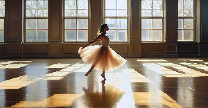 A dancer in a sunlit studio expressing joy through spontaneous movement, surrounded by large windows and wooden floors.