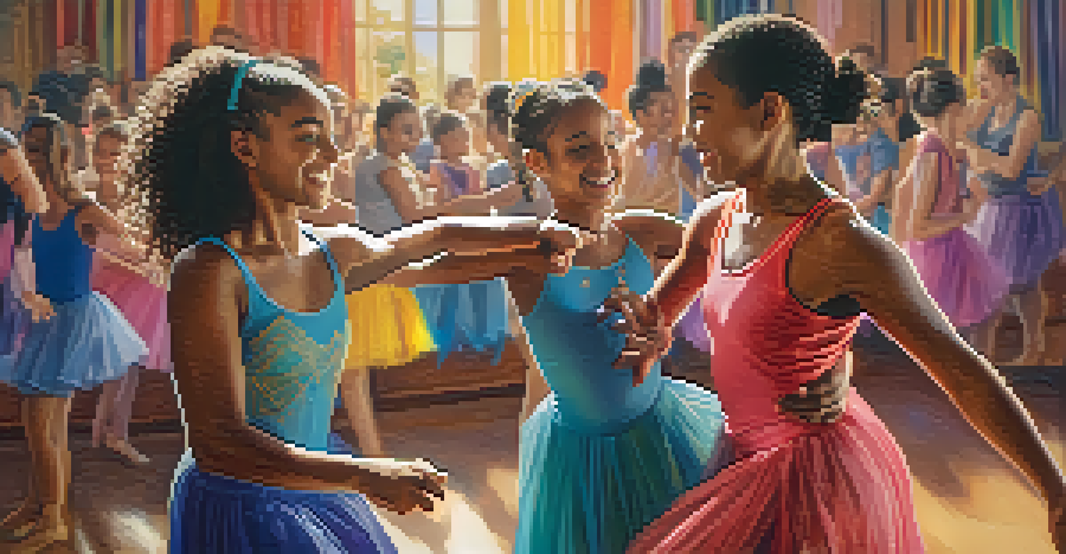 Two dancers, one older and one younger, sharing a joyful moment of encouragement in a dance class, showcasing connection and mentorship.