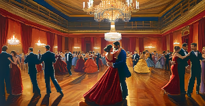A colorful ballroom with diverse couples dancing elegantly, surrounded by warm lighting and ornate chandeliers.