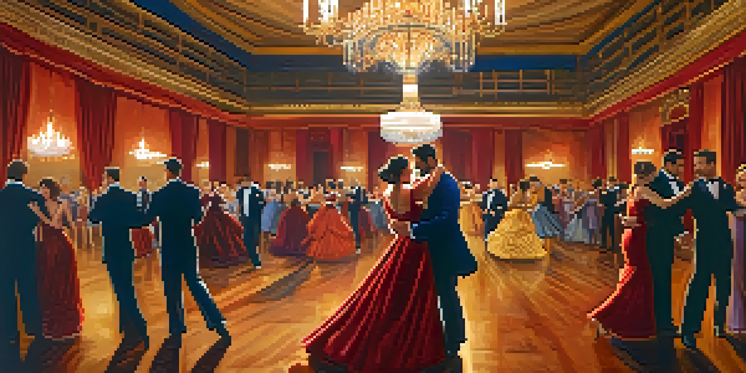A colorful ballroom with diverse couples dancing elegantly, surrounded by warm lighting and ornate chandeliers.