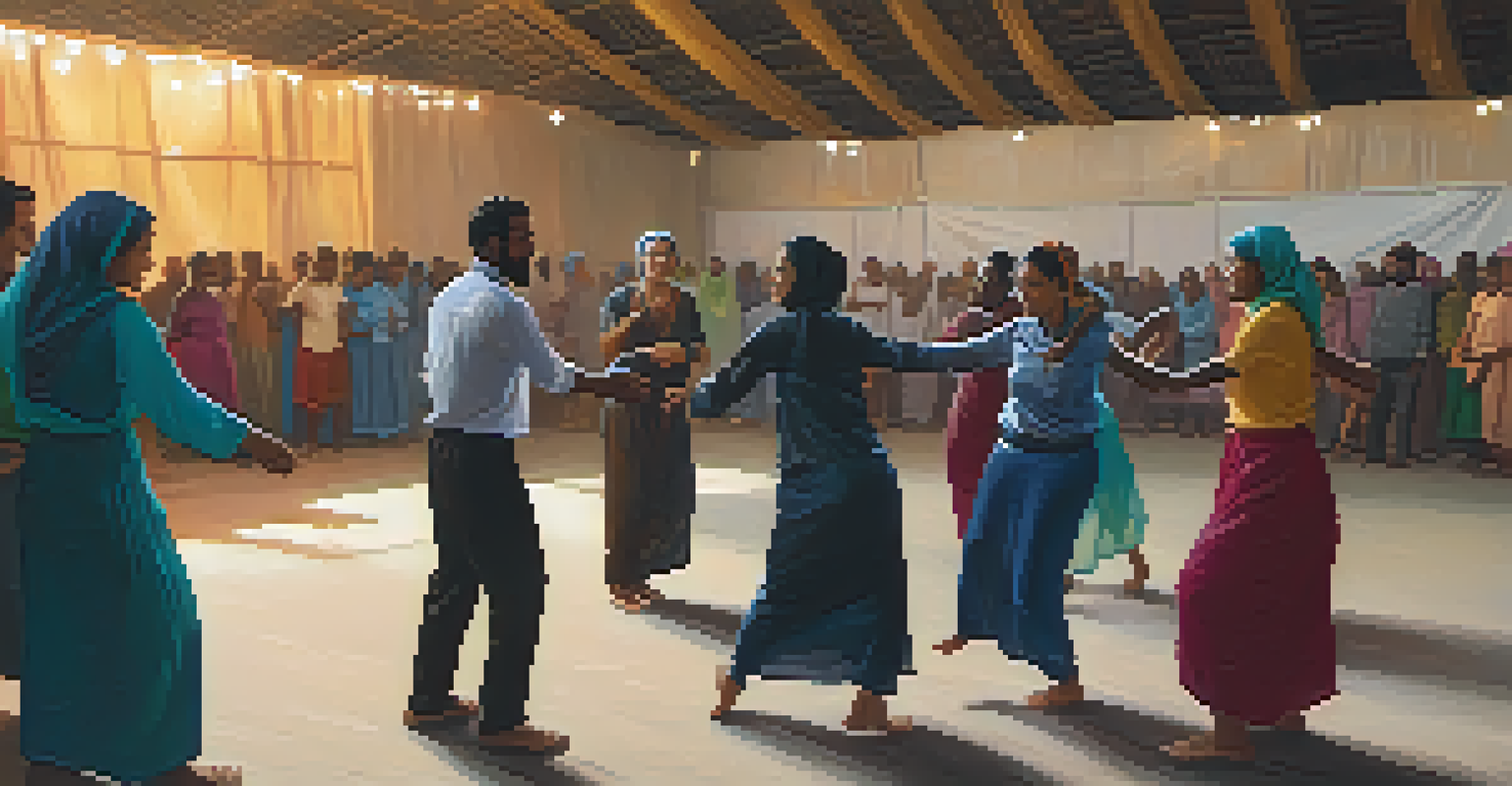 A small group of individuals engaged in a dance therapy session, moving gracefully in a circle, with warm lighting and supportive community members in the background.
