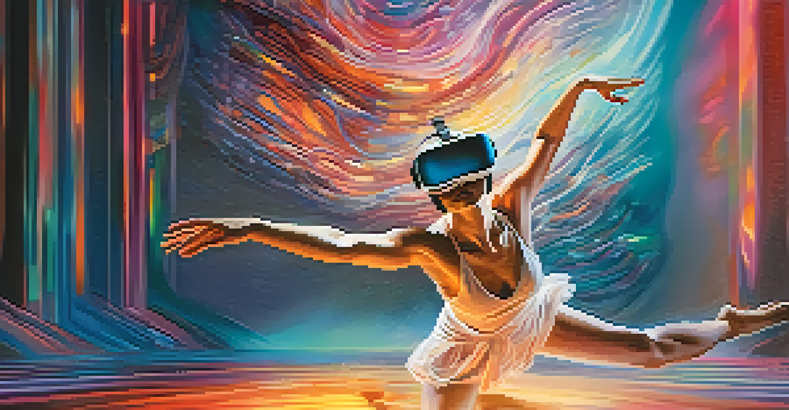 A dancer wearing a VR headset, exploring a digital landscape with gravity-defying movements, surrounded by bright colors and ethereal visuals.
