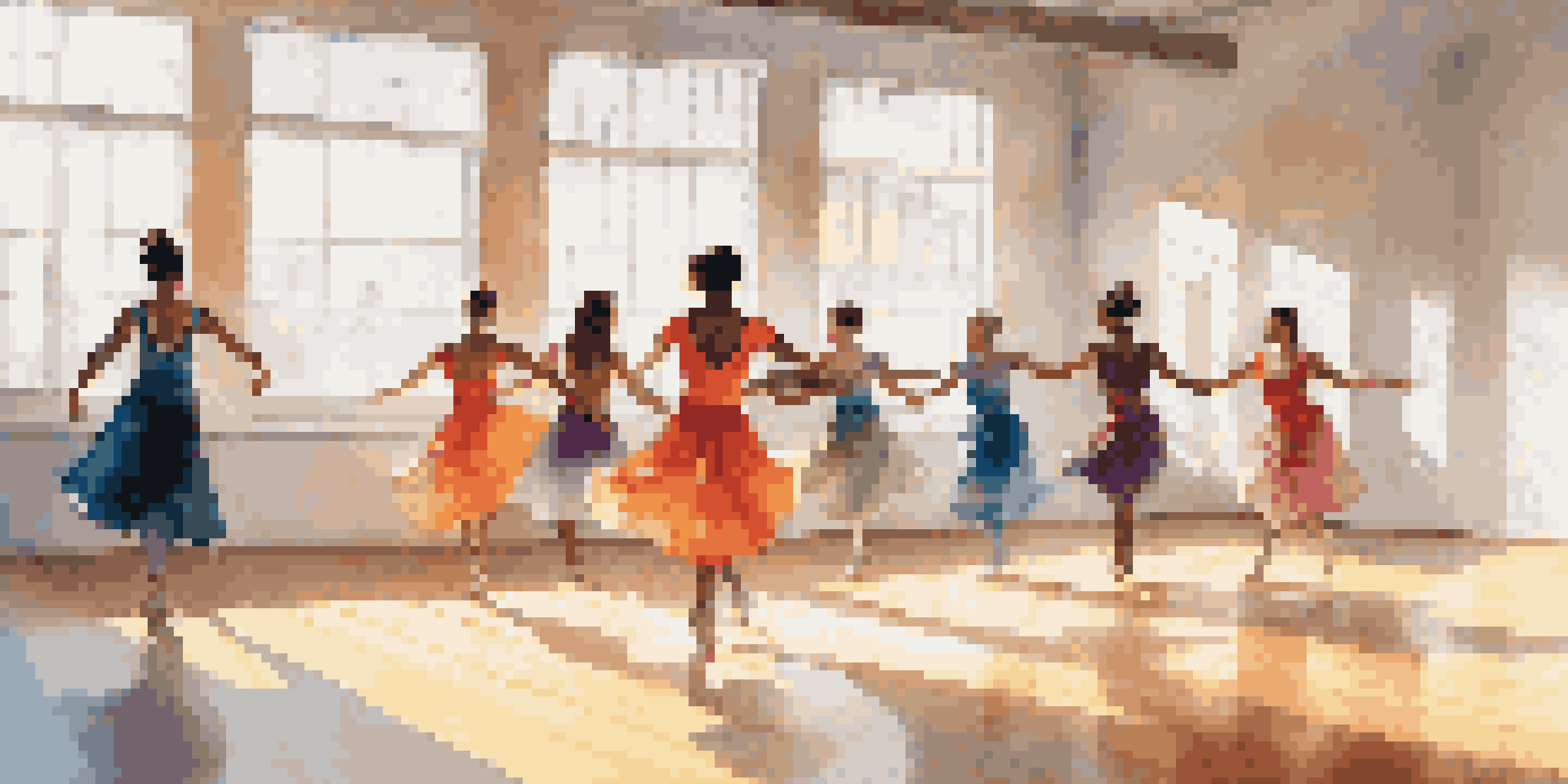 A group of diverse female dancers performing in a bright studio, showcasing empowerment through movement and colorful costumes under warm sunlight.