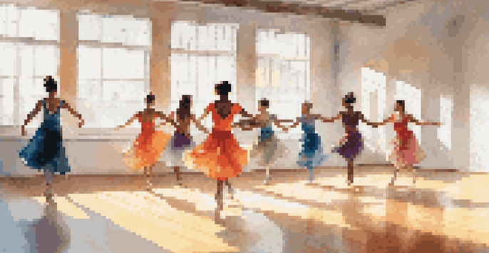 A group of diverse female dancers performing in a bright studio, showcasing empowerment through movement and colorful costumes under warm sunlight.