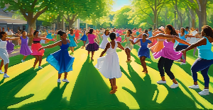 A lively dance class in a park with women of different ages and ethnicities dancing together under the sunlight.
