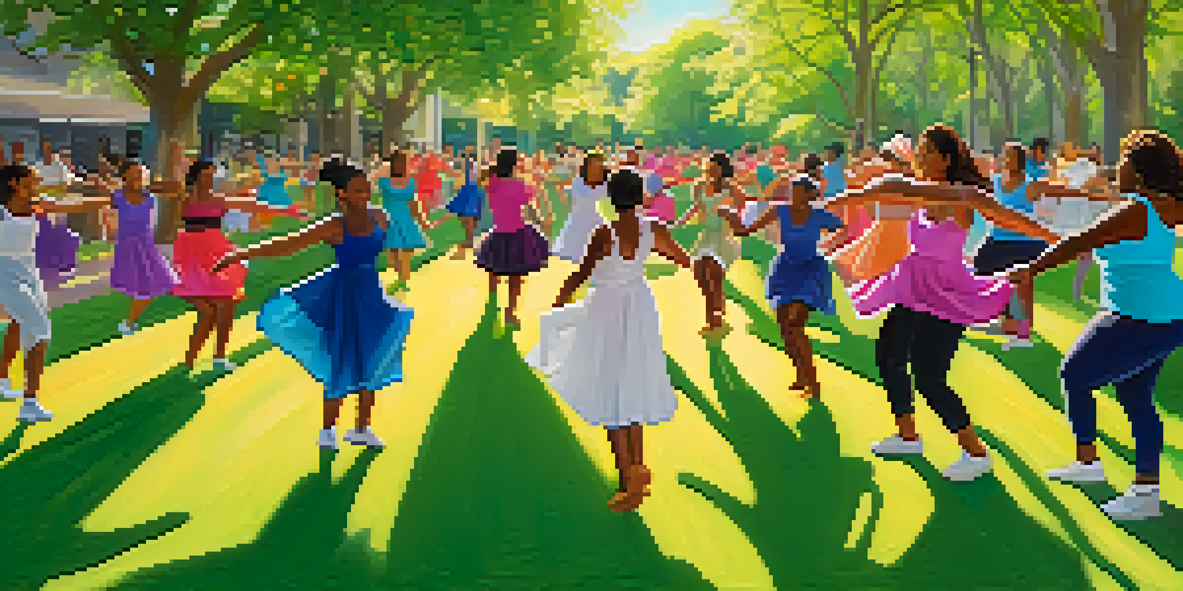 A lively dance class in a park with women of different ages and ethnicities dancing together under the sunlight.
