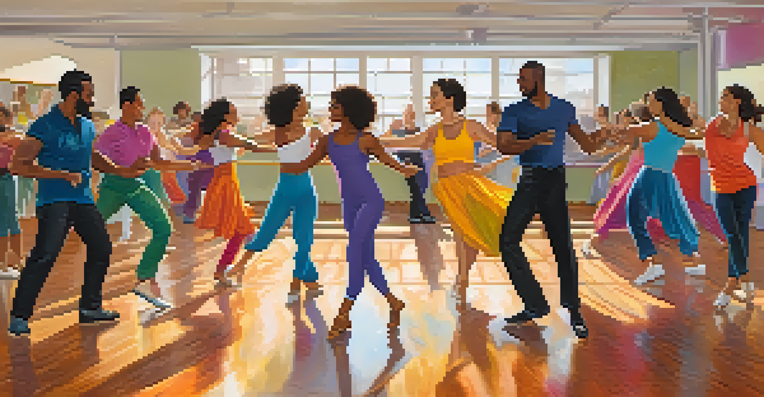 Diverse dancers participating in a salsa class in a bright dance studio, with an enthusiastic instructor demonstrating moves in front of them.