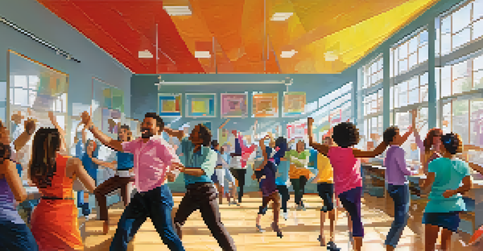 A diverse group of employees dancing joyfully in an office setting, with sunlight pouring in and colorful decorations around.