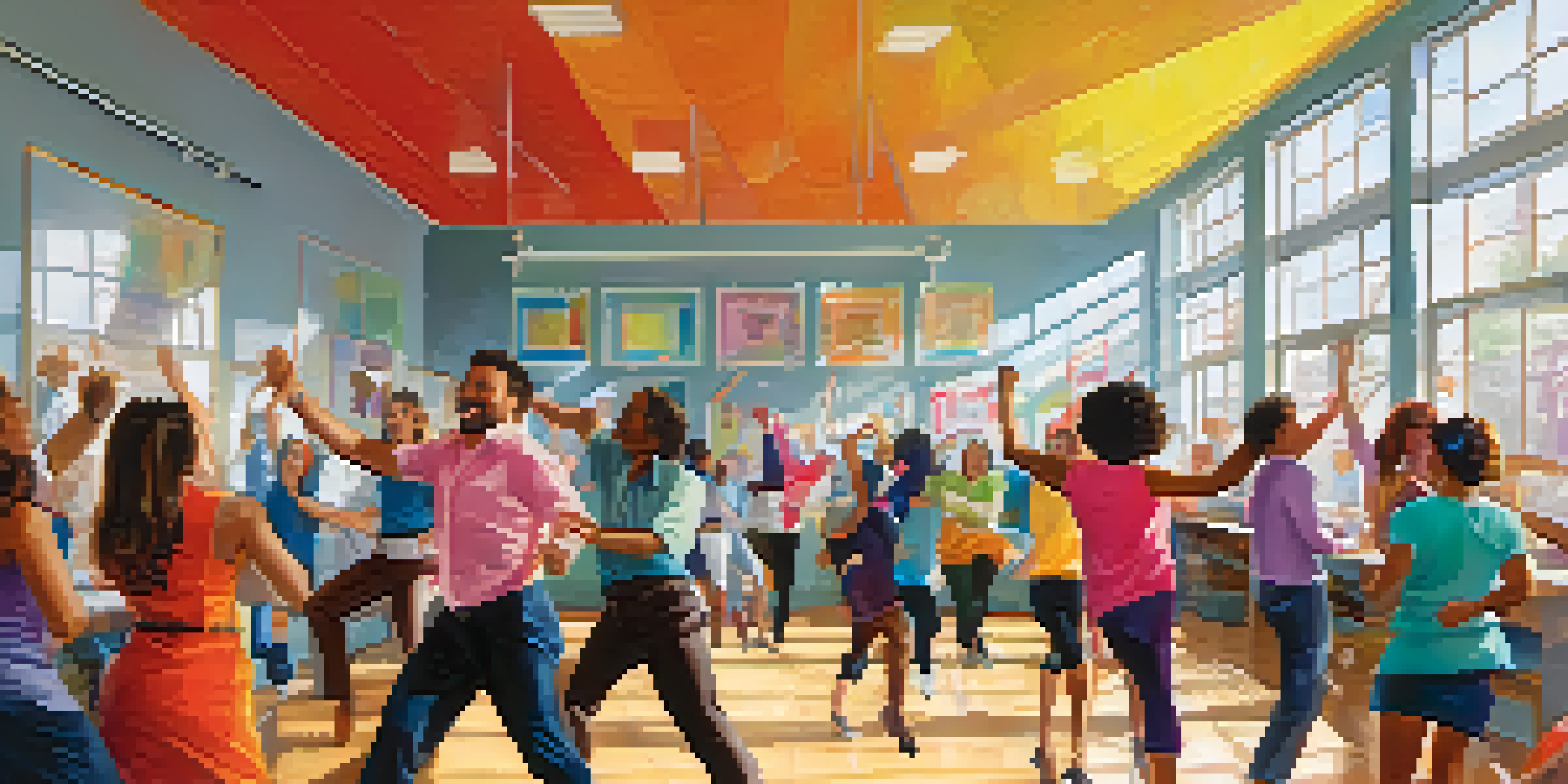 A diverse group of employees dancing joyfully in an office setting, with sunlight pouring in and colorful decorations around.