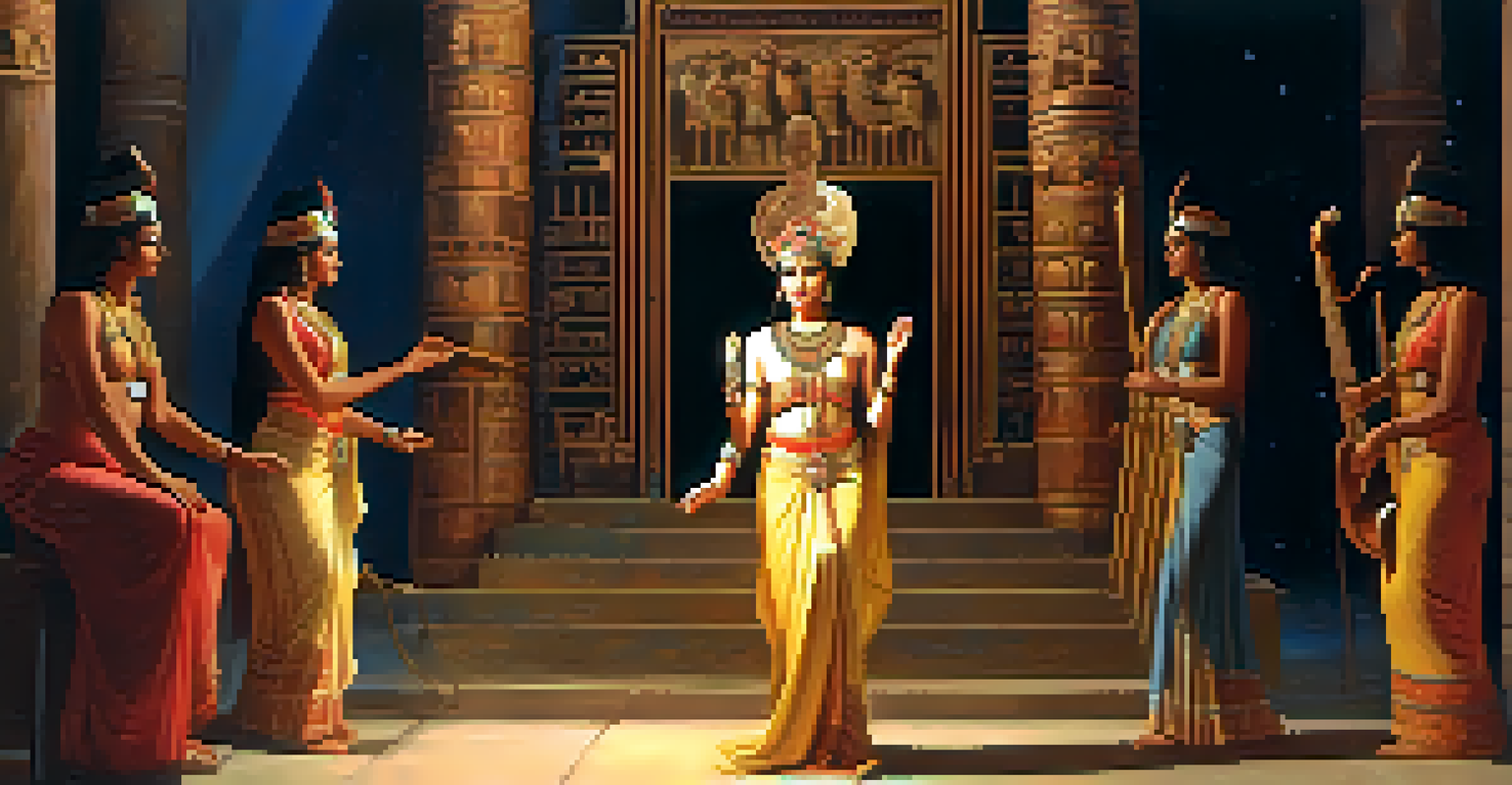 A priestess dancing for the goddess Hathor, surrounded by musicians, in a candlelit temple setting.