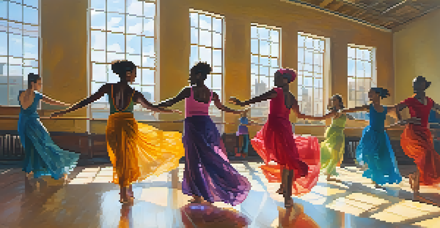 A diverse group of dancers collaborating in an improvisation session in a spacious studio with mirrors and sunlight streaming through large windows.
