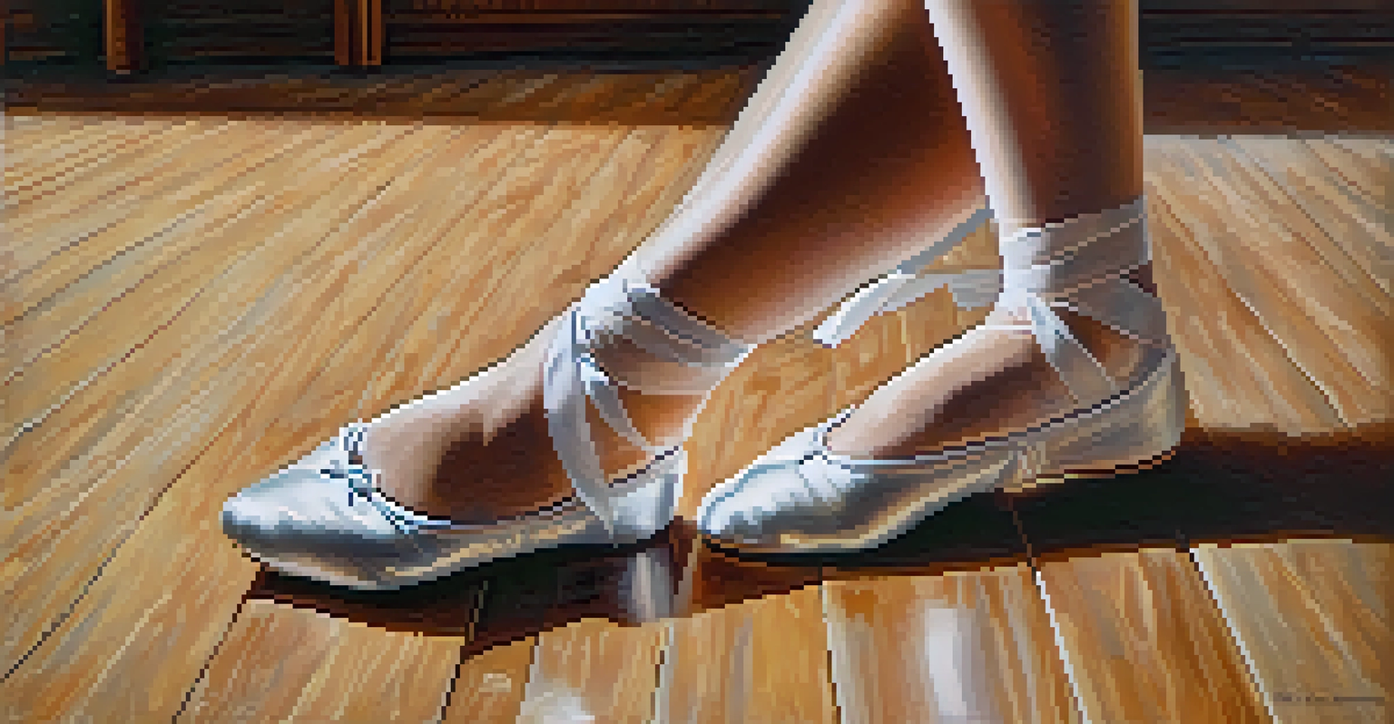 A close-up of a dancer's feet in ballet shoes on a polished dance floor.