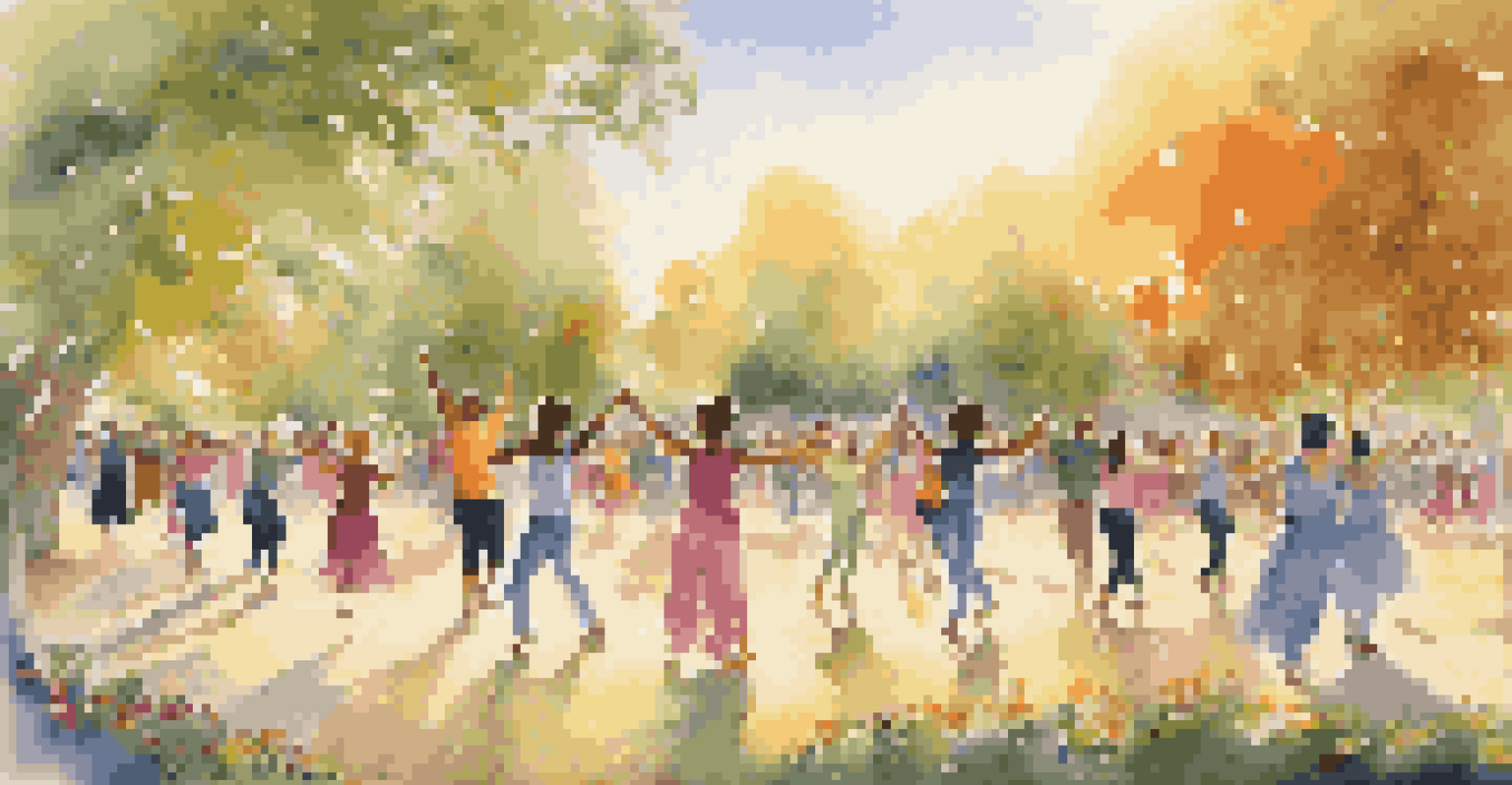 Participants in an outdoor dance class in a park, radiating joy against a sunset background.