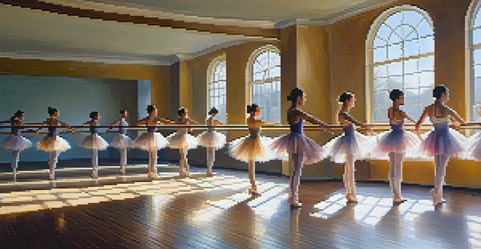 A bright dance studio with diverse dancers practicing ballet in various poses, surrounded by mirrors and wooden floors.