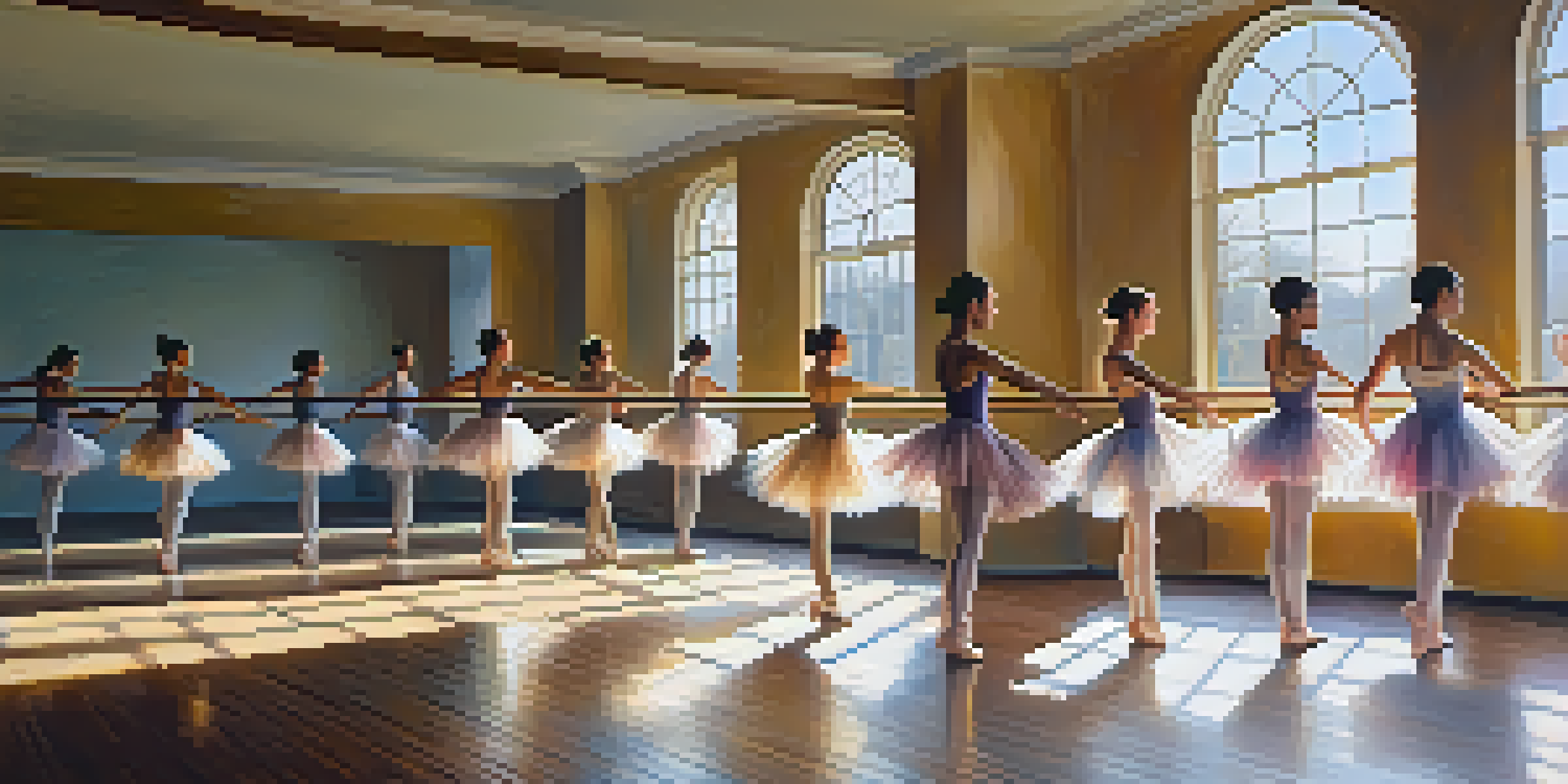 A bright dance studio with diverse dancers practicing ballet in various poses, surrounded by mirrors and wooden floors.