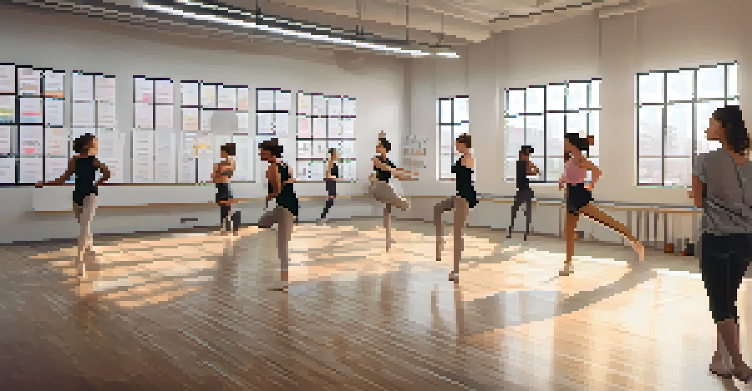 An experienced dance instructor teaching a contemporary move to students in a bright, modern dance studio filled with natural light.
