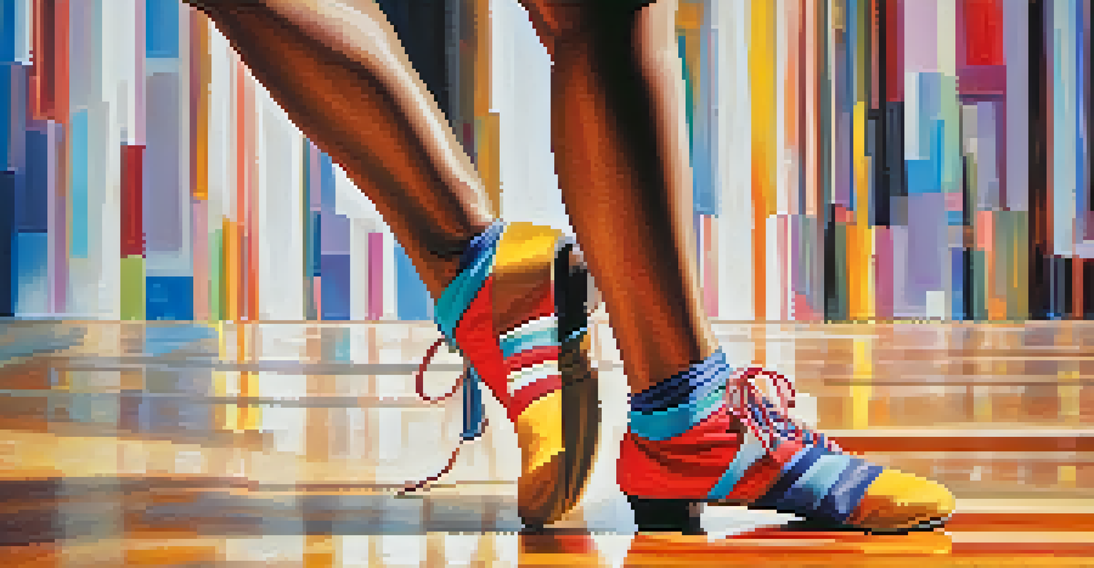 A close-up of a dancer's colorful shoes mid-step on a wooden stage, emphasizing the movement and rhythm of the dance.