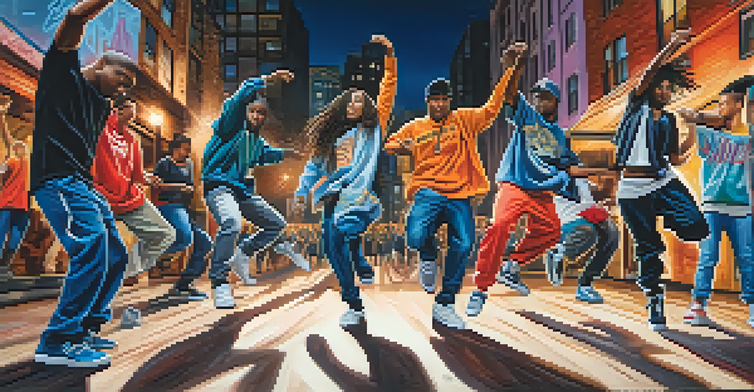 A group of diverse dancers performing hip-hop in an urban street, surrounded by graffiti art, wearing vibrant streetwear and expressing themes of resilience.