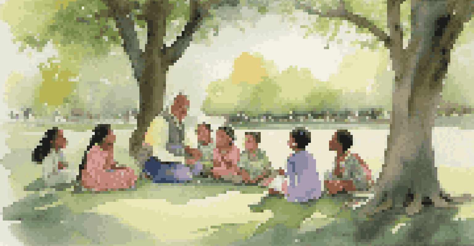 An elder storyteller sharing folklore tales with children in a lush green park, surrounded by blooming flowers and tall trees.