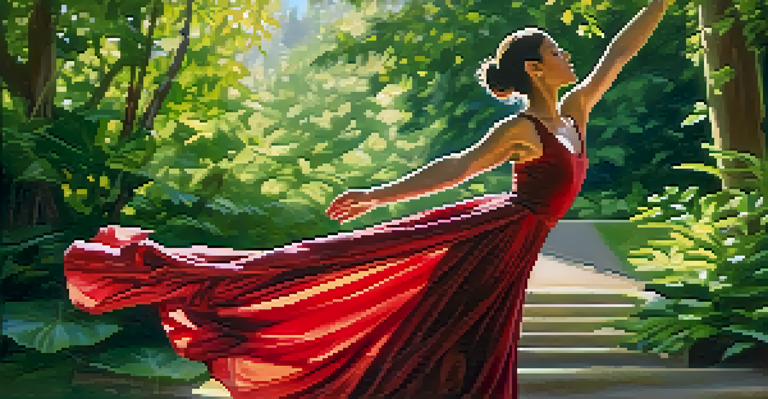 A dancer in a flowing dress moving gracefully in a peaceful outdoor environment surrounded by greenery.